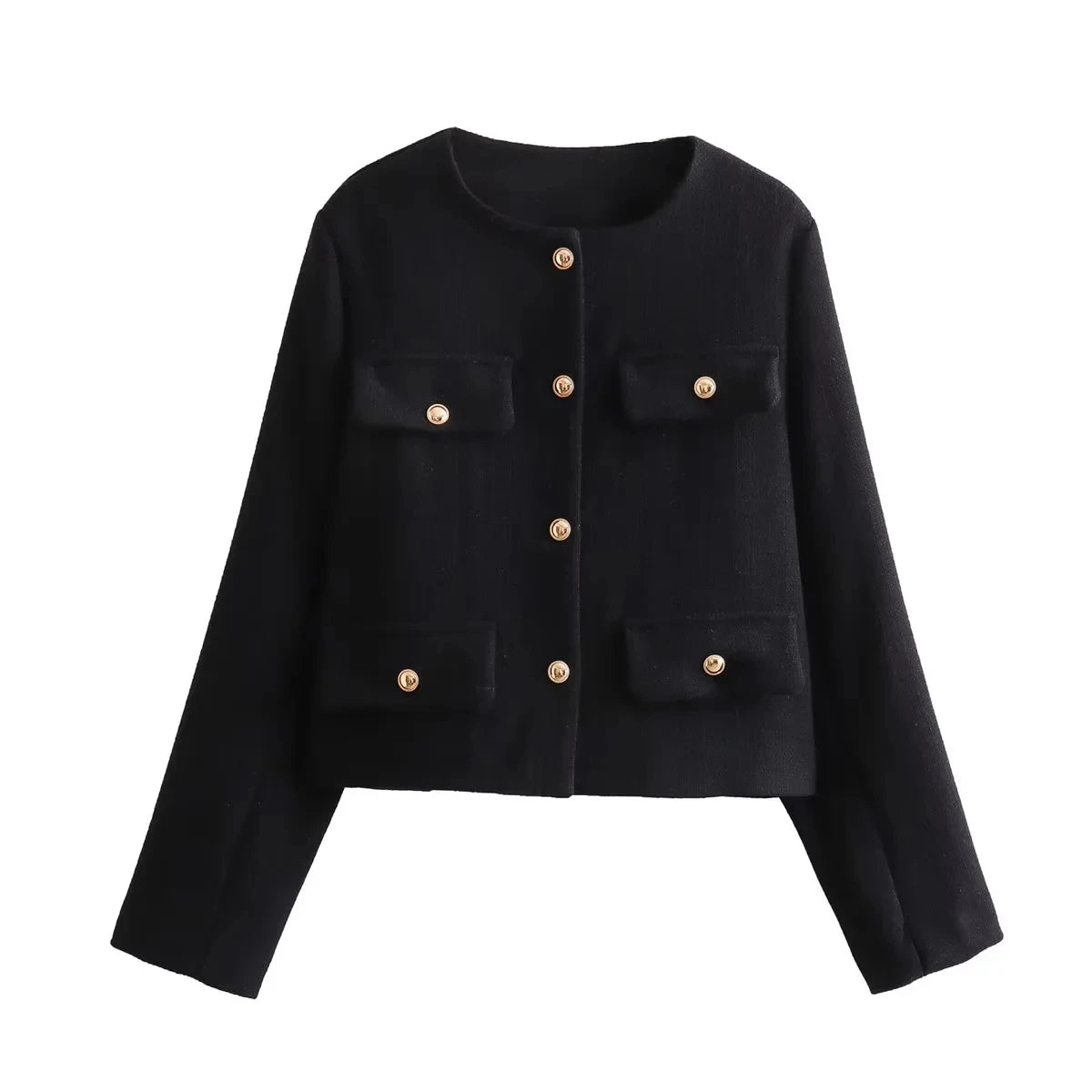 New  Fashion Solid Pockets O Neck Single Breasted Elegant Chic Short Jackets