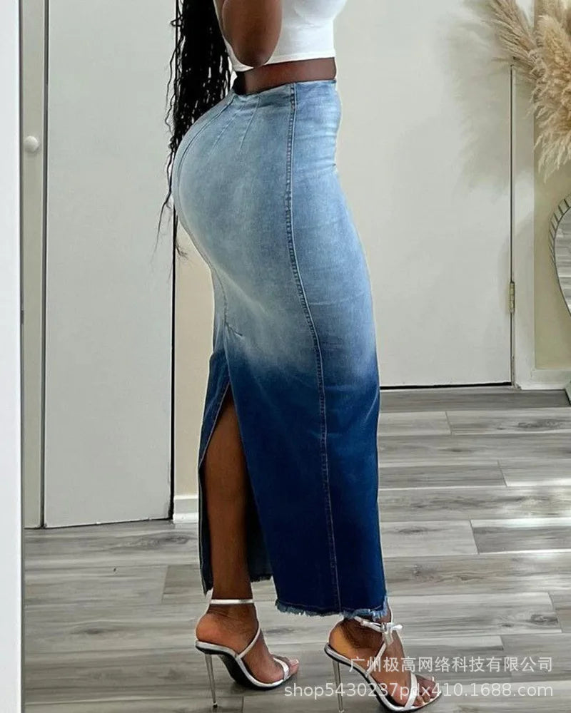 Damen Jeansröcke mit Batikmuster und offenem Saum