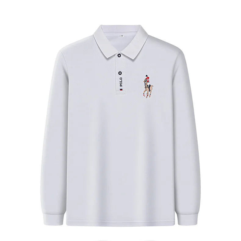 Besticktes Langarm-Poloshirt für Herren in Volltonfarbe