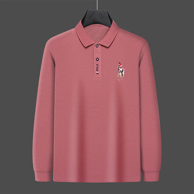Besticktes Langarm-Poloshirt für Herren in Volltonfarbe