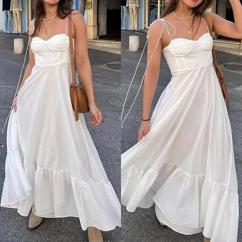 Temperament Elegant Versatile Solid Color High Waist Suspender Dress