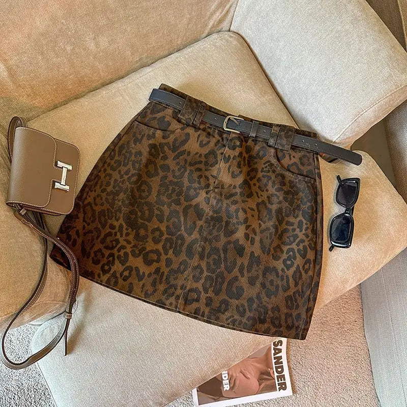 Leopard Print A-word Short Skirt New Anti-light High Waist Hip Wrap Mini Skirt