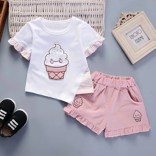 Summer Short Sleeve Cartoon Ice Cream Print T-shirt Pant 2PCS Baby Set
