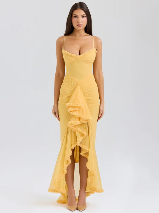 Yellow Spaghetti Strap Sleeveless Backless Dress