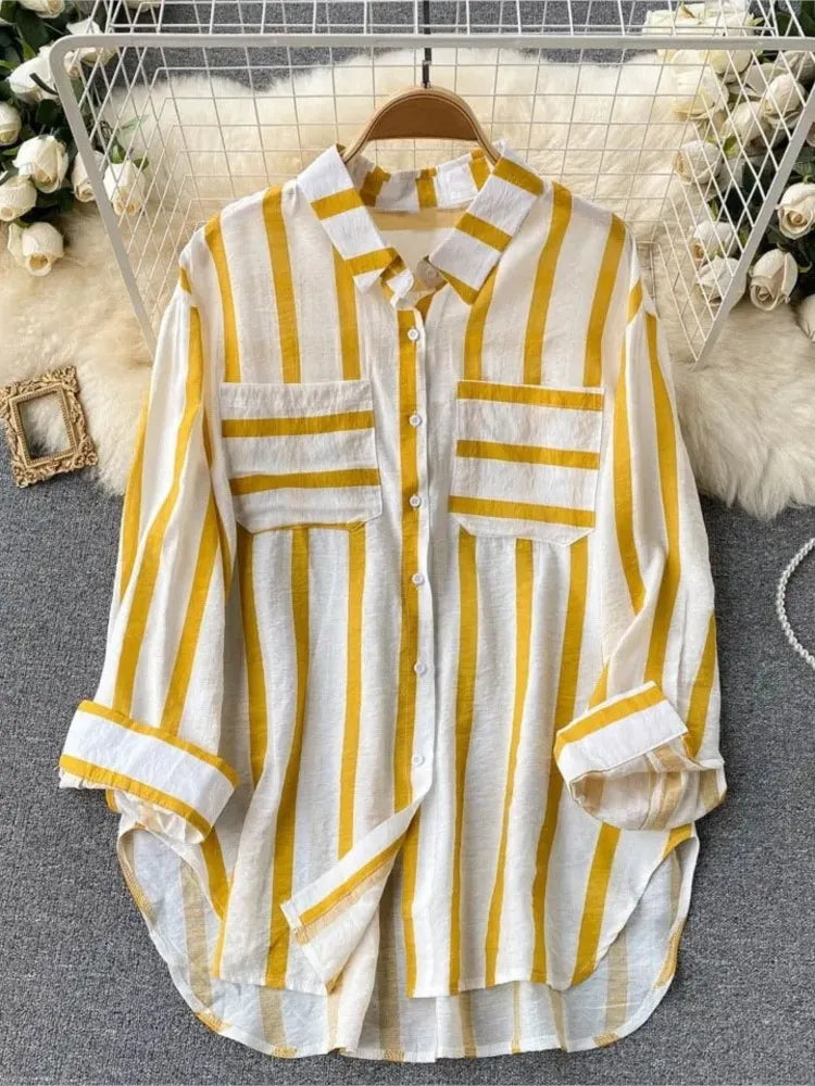 Summer Striped Blouse Fashion Turn-down Collar Long Sleeve Button Top