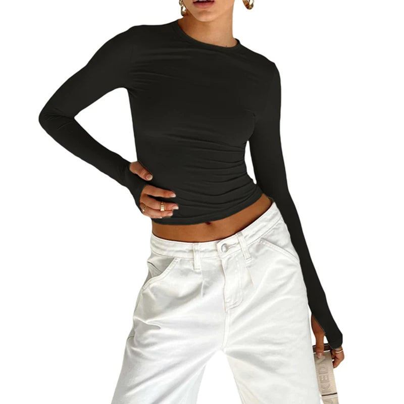 Women Long Sleeve Crew Neck Solid Slim Fit Ladies Crop Top