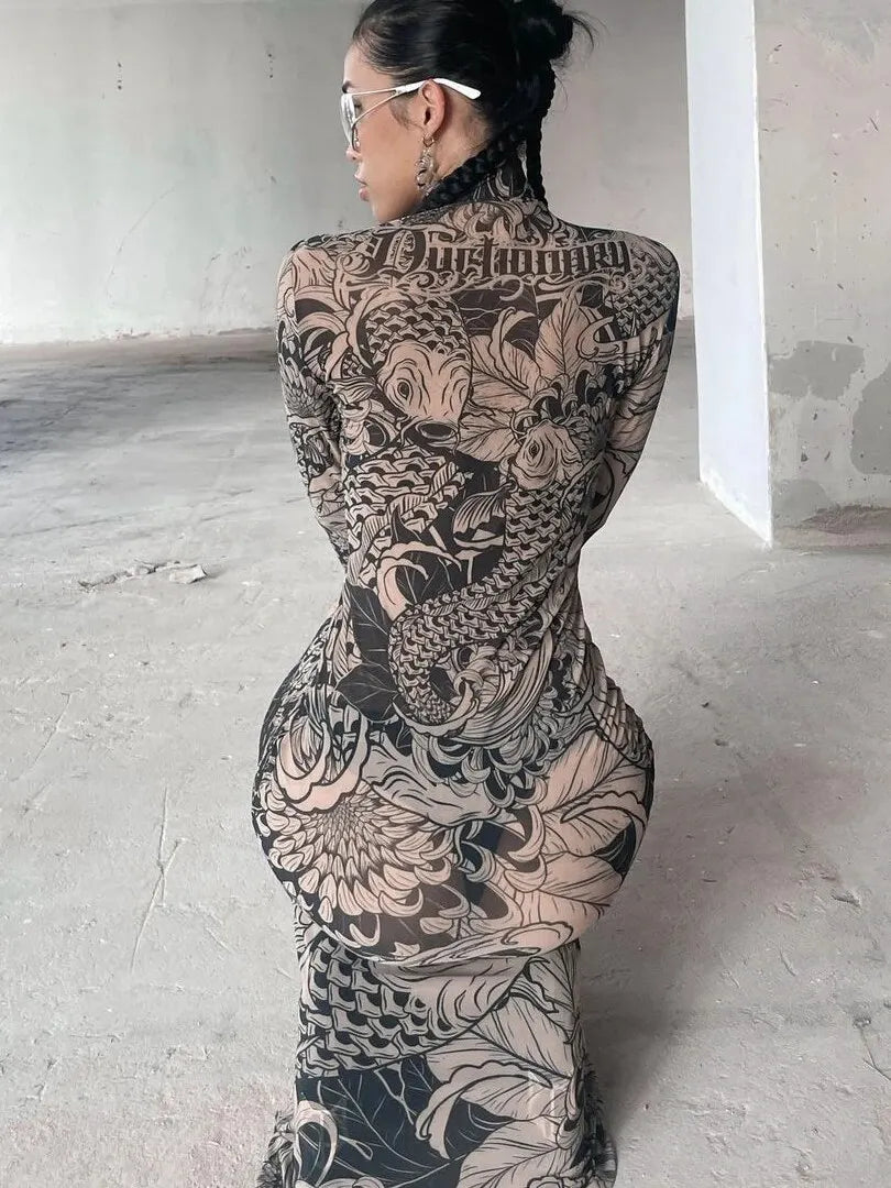 Haw thaw Long Sleeve Mesh See Through Streetwear Bodycon Long Dress