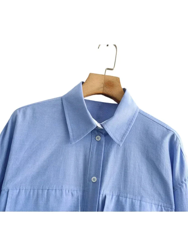 Women Fashion Crop Oxford Blouse Shirt