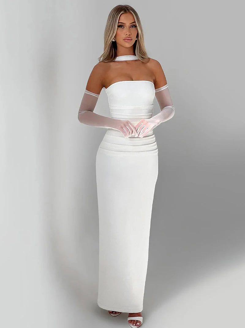 Neues, figurbetontes, rückenfreies, langes Kleid mit Rüschen