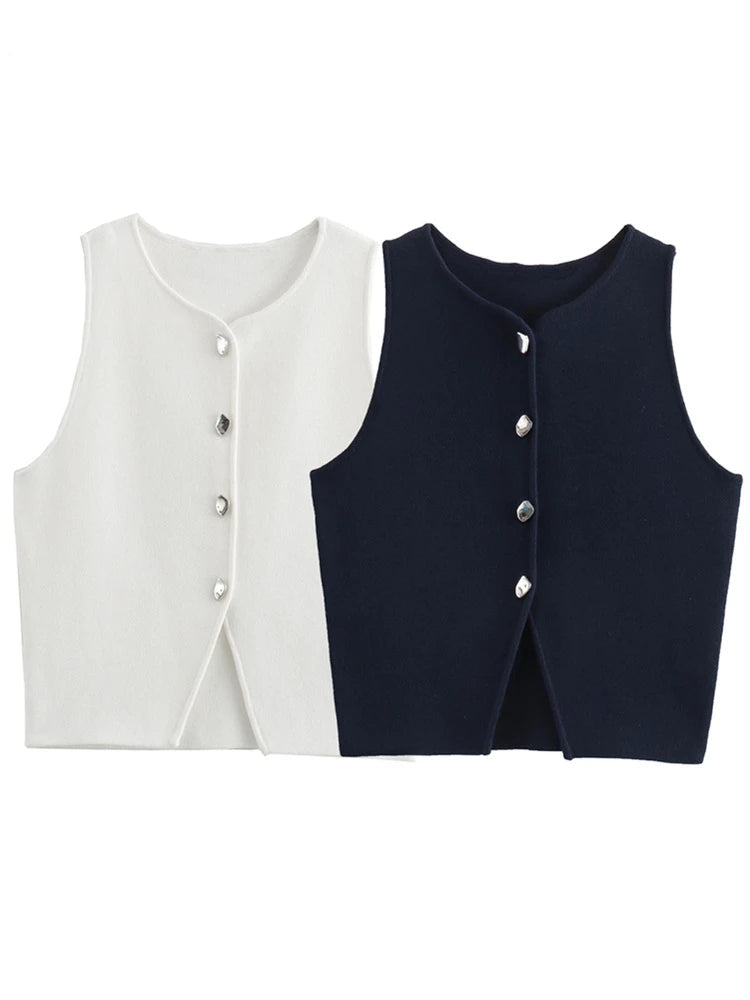 Women Fashion Sleeveless Buttons Hem Split Tops