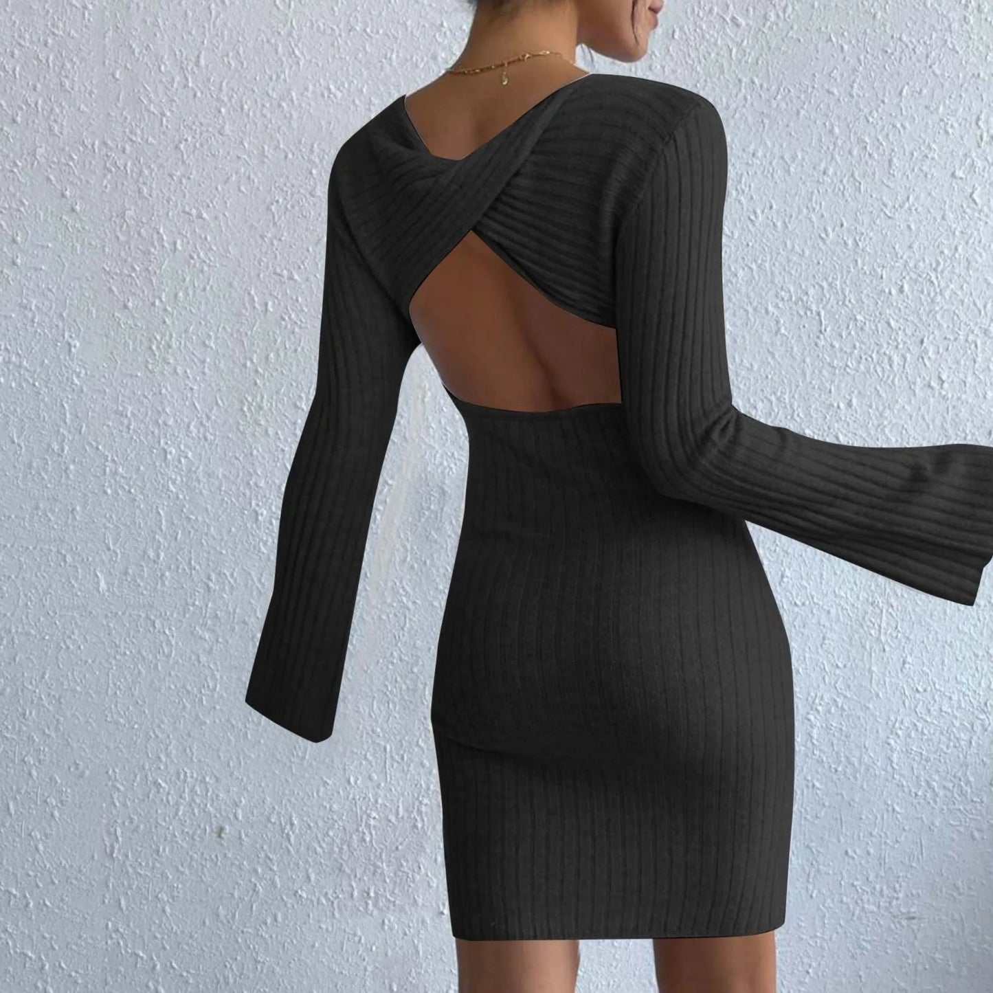Solid Color High Quality Knitted Backless Dresses Long Sleeve Dress