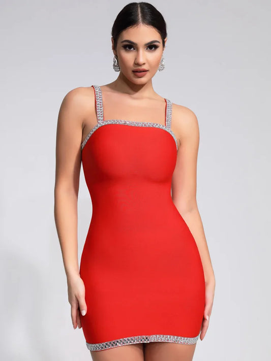 Luxury Sexy Summer Square Collar Red Crystal Mini Dress