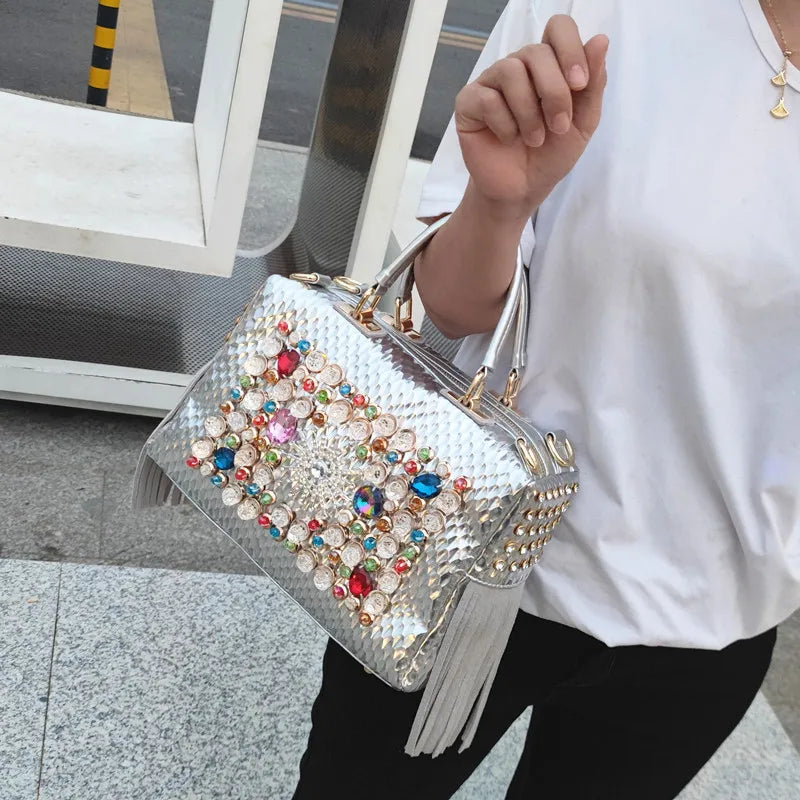 Genuine Leather Tassel Fashion Rhinestone Large Capacity Female Shoulder Crossbody Bags
