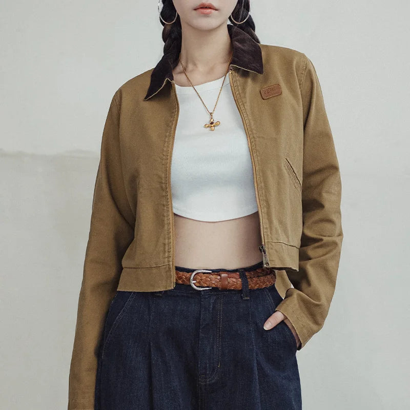 Women Vintage Turn-down Collar Workwear Jacket
