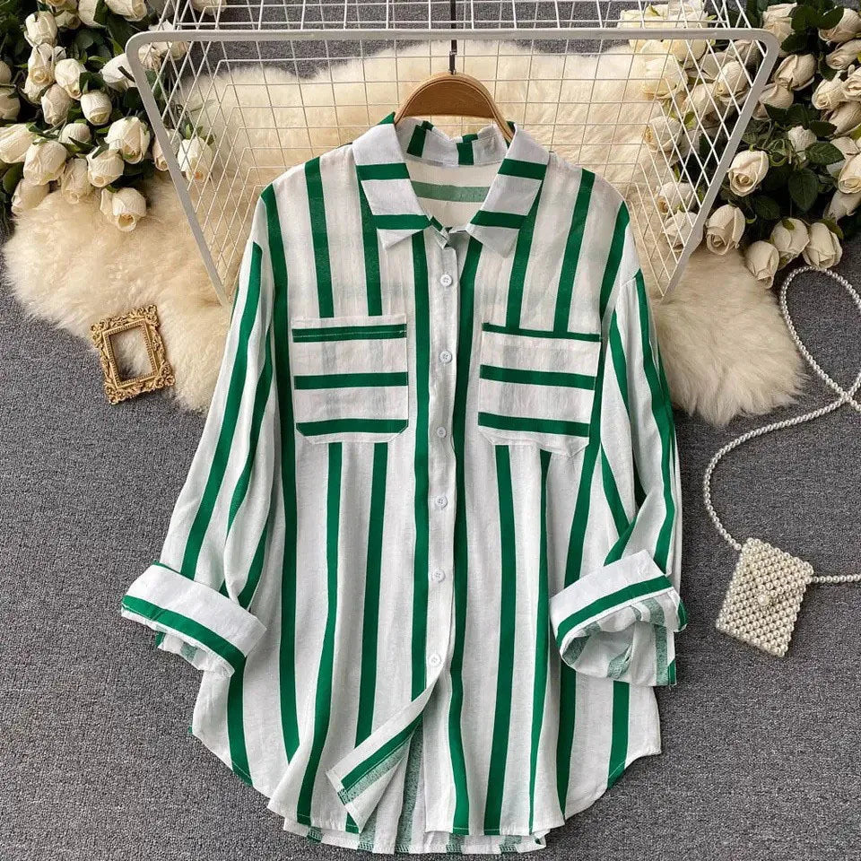 Summer Striped Blouse Fashion Turn-down Collar Long Sleeve Button Top