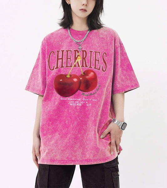 Cherry And Letter Pattern Snow Wash Top