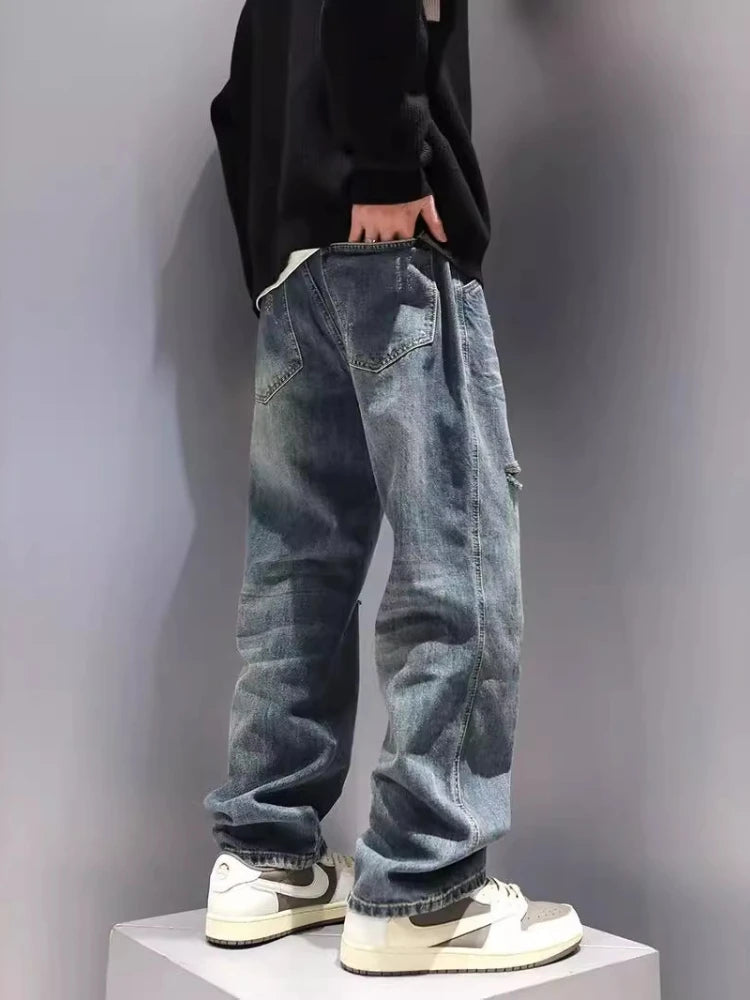 New Men's Baggy Straight Fashion Vintage Blue Denim Pants