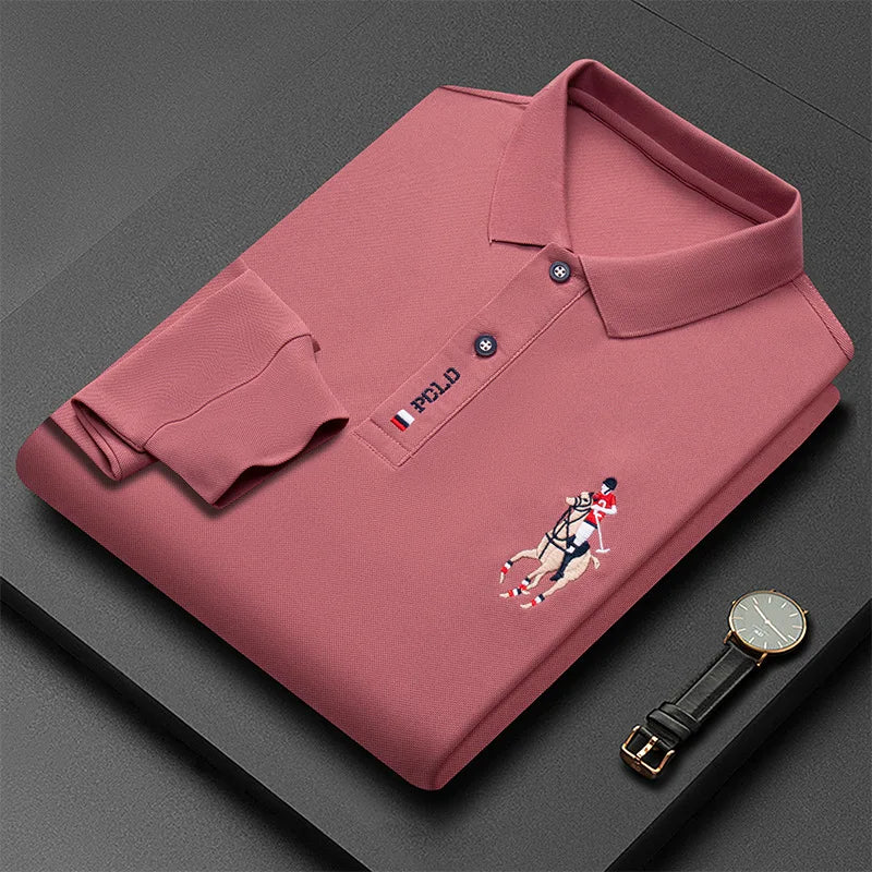 Besticktes Langarm-Poloshirt für Herren in Volltonfarbe