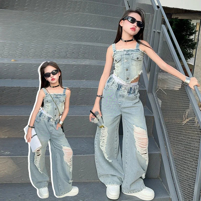 New Harbor Flavor Halter Vest Ripped Wide-leg Pants Two-piece Set