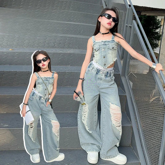 New Harbor Flavor Halter Vest Ripped Wide-leg Pants Two-piece Set