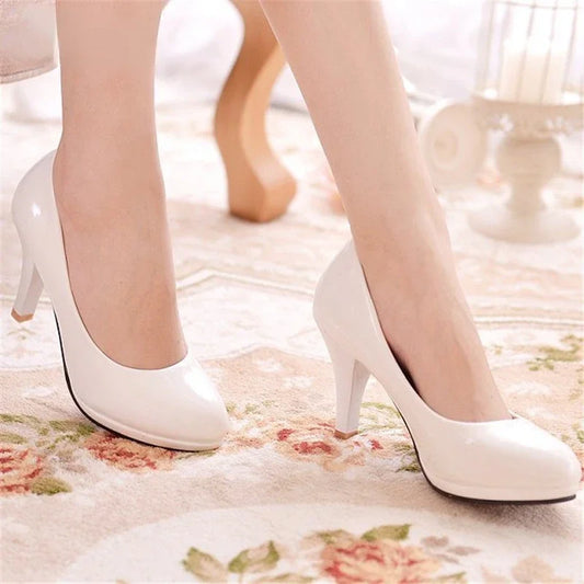 Women PU Leather Shallow Slip-On Round Toe High heels