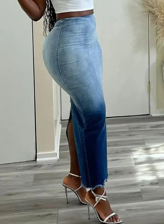Damen Jeansröcke mit Batikmuster und offenem Saum