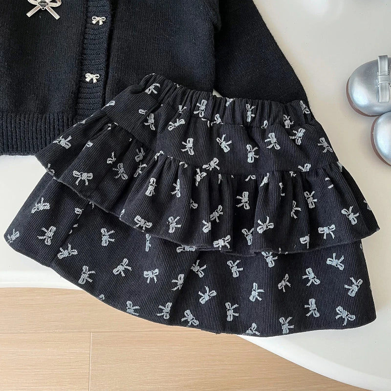 Girls' Suit Fashion Small Fragrance Bow Sweater + Floral Skirt Two-piece Set
