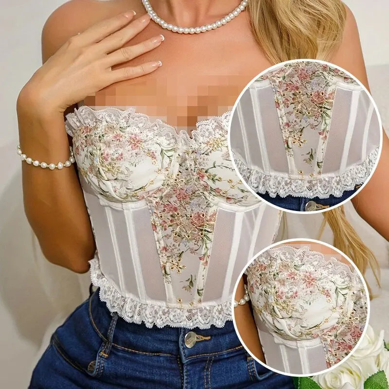 Women's White Lace Mesh Fish Bone Chest Flower Embroidered Bra