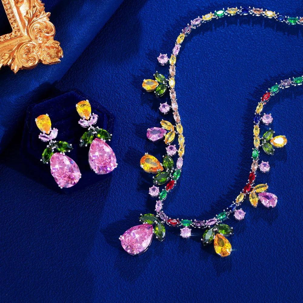 New Luxury Big Pink Water Drop Bridal Wedding Party Jewelry Set