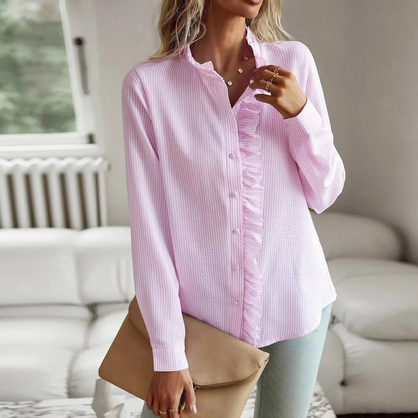 New Women's Wear Long sleeved Ruffle Edge Button Top