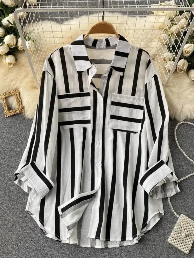 Summer Striped Blouse Fashion Turn-down Collar Long Sleeve Button Top