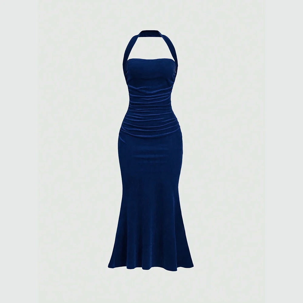 Mia Muse Women's Elegant Plain Sleeveless Halter Neck Wrap Maxi Prom Dresses