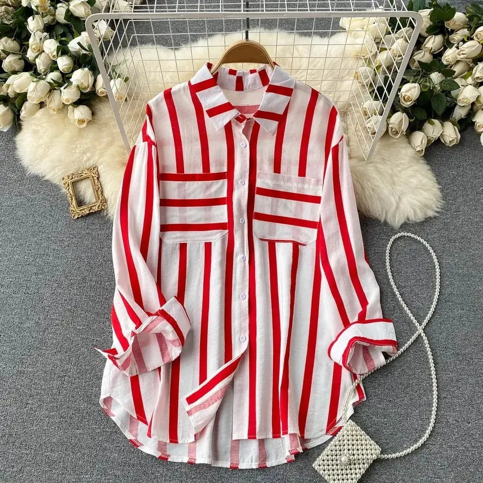 Summer Striped Blouse Fashion Turn-down Collar Long Sleeve Button Top