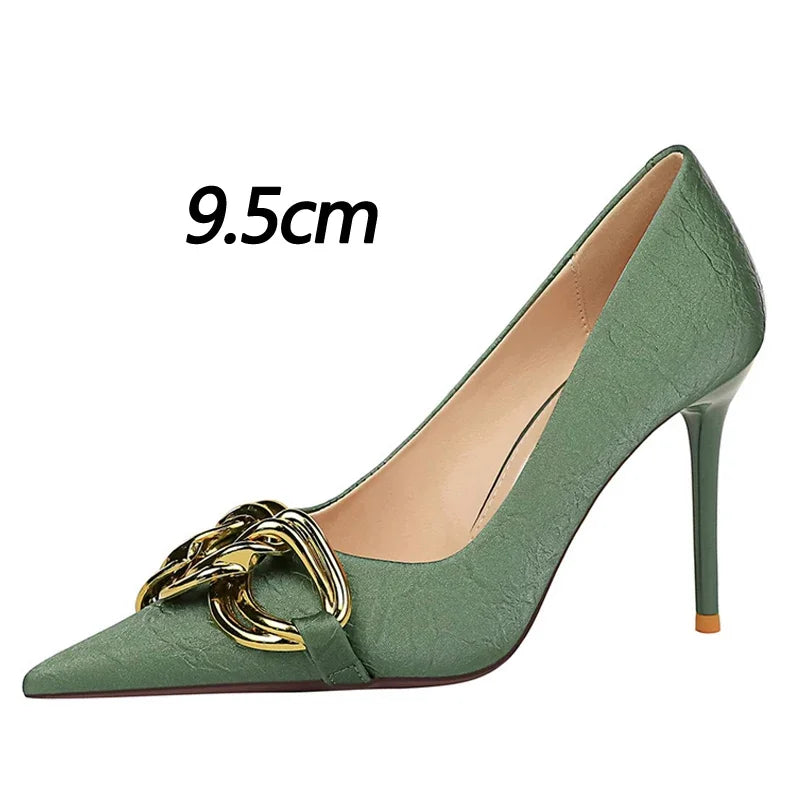 Women's Fashion Nude Metal Buckle Pumps High-Heels