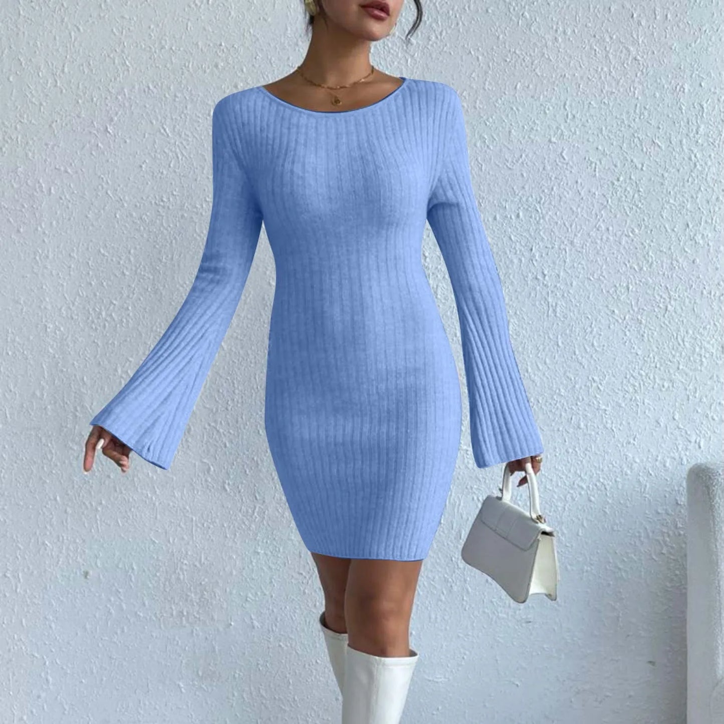 Solid Color High Quality Knitted Backless Dresses Long Sleeve Dress