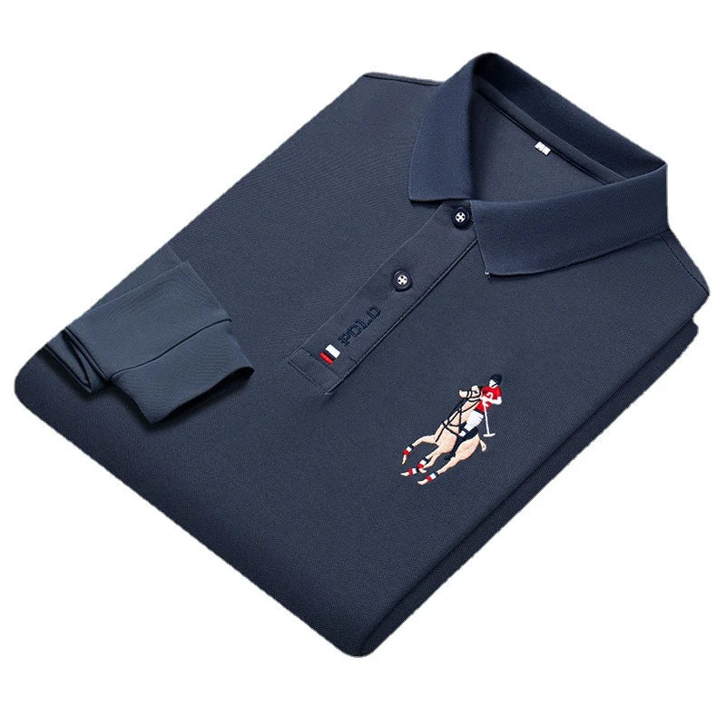 Besticktes Langarm-Poloshirt für Herren in Volltonfarbe
