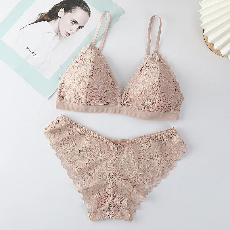 New Low Waist Briefs Vneck Embroidery Brassiere Panties Set
