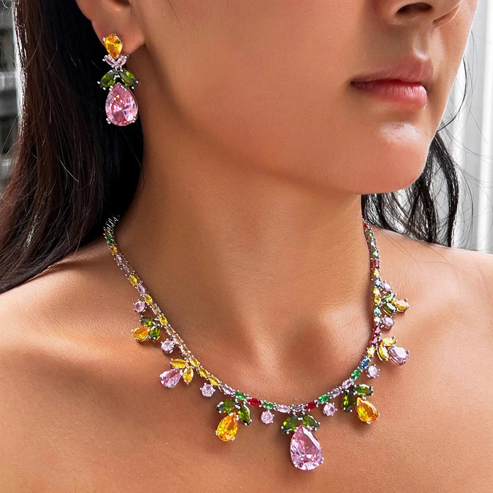 New Luxury Big Pink Water Drop Bridal Wedding Party Jewelry Set