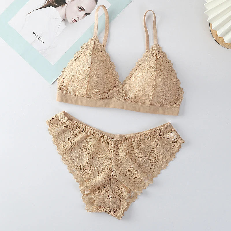 New Low Waist Briefs Vneck Embroidery Brassiere Panties Set