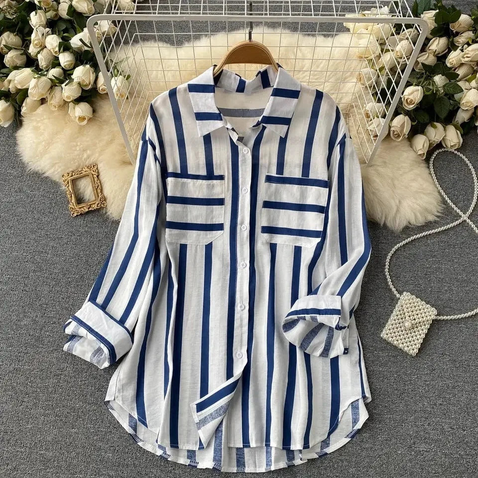 Summer Striped Blouse Fashion Turn-down Collar Long Sleeve Button Top
