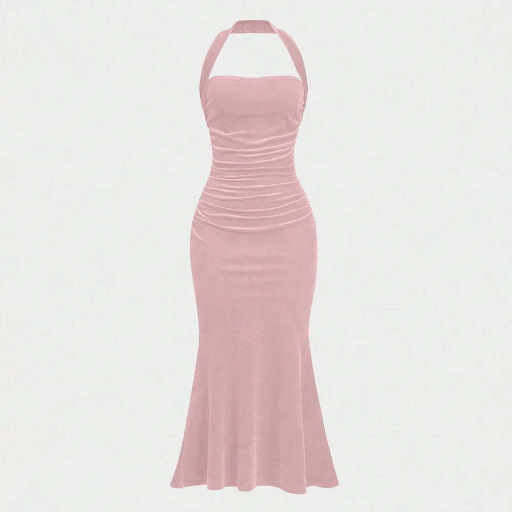 Mia Muse Women's Elegant Plain Sleeveless Halter Neck Wrap Maxi Prom Dresses