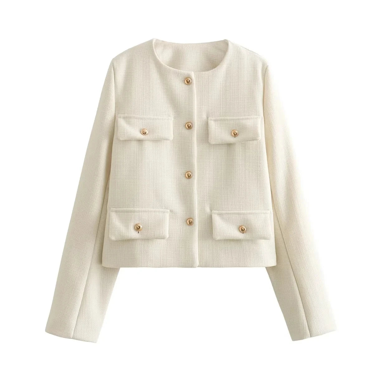 New  Fashion Solid Pockets O Neck Single Breasted Elegant Chic Short Jackets