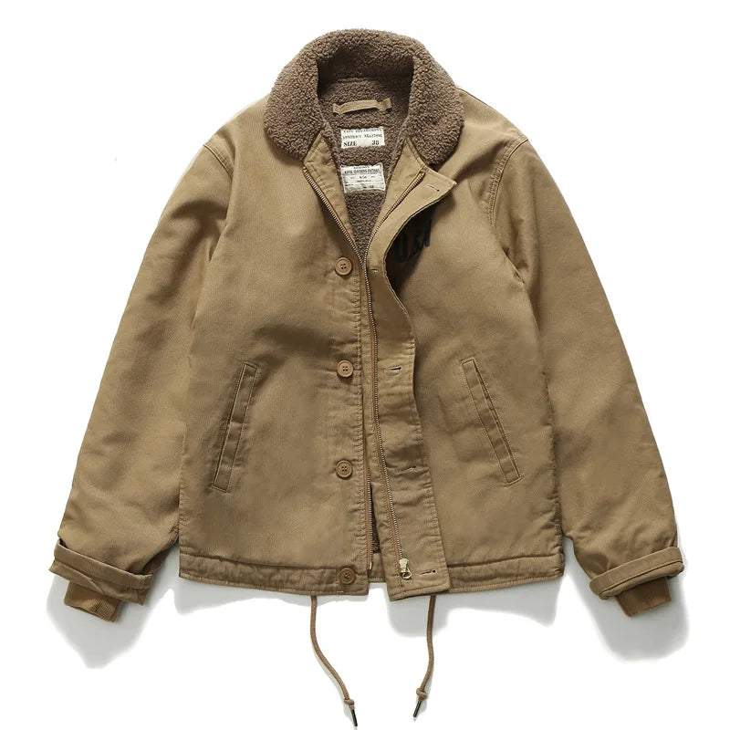 Khakifarbene Retro-Lammwolljacke für Herren