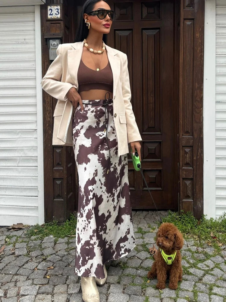 Animal Print Satin Skirt Women Fashion Ruffles Midi Skirts With Belt