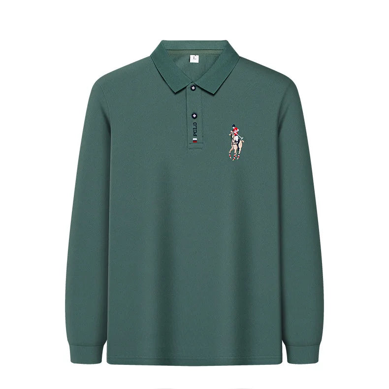 Besticktes Langarm-Poloshirt für Herren in Volltonfarbe