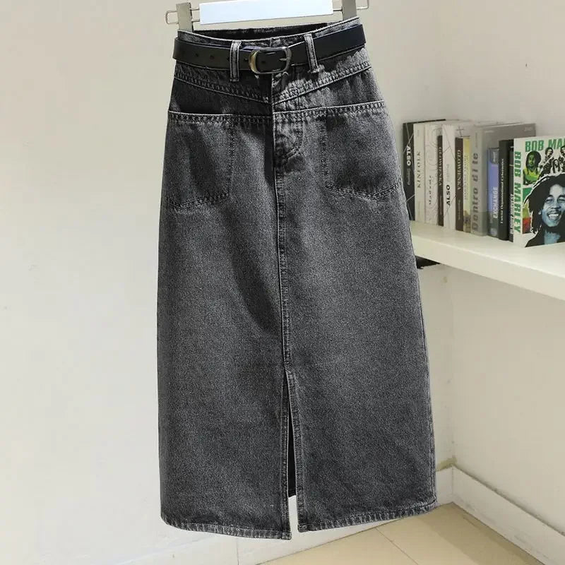 Hohe Taille Vintage Midi Lange Denim Skit