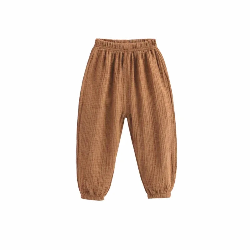 Summer Boys Cotton Linen Solid Color Loose Pleated Pant