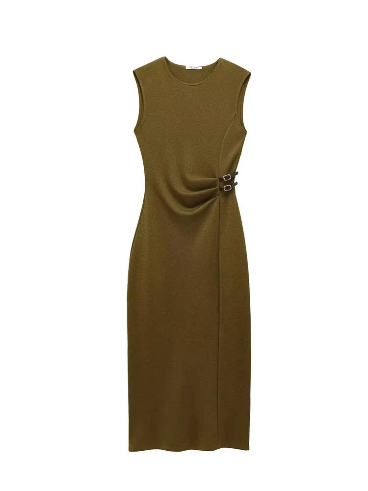 Pleated Midi O-neck Sleeveless Chic Pleated Dress Causal Party Dress