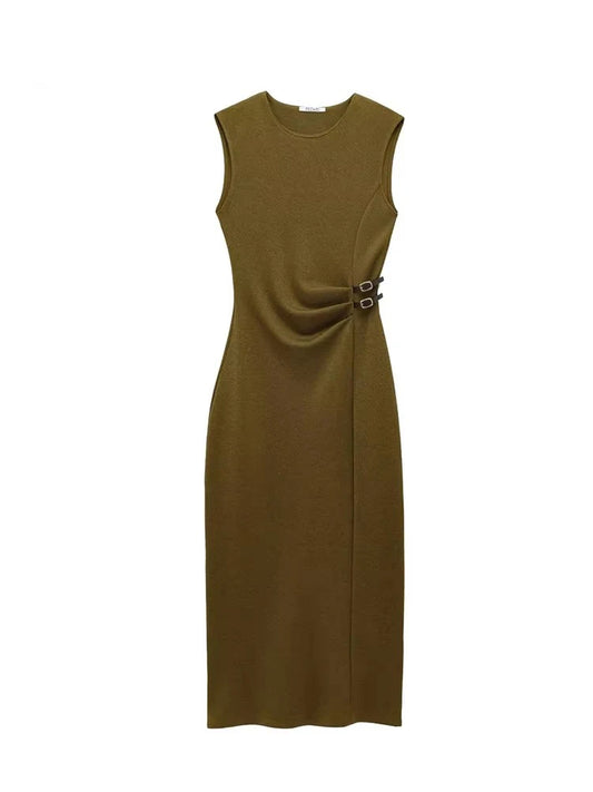 Pleated Midi O-neck Sleeveless Chic Pleated Dress Causal Party Dress