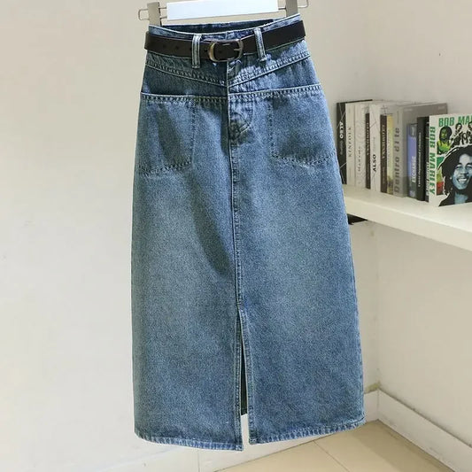 Hohe Taille Vintage Midi Lange Denim Skit